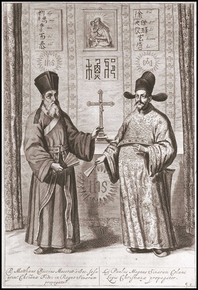 Matteo Ricci (vlevo) a Paul Ly (vpravo) v čínském kostýmu - ve „Velvyslanectví Orientální společnosti Spojených provincií směrem k císaři Číny nebo Grand Cam of Tartaria““ od Pierra de Goyera a Jacoba de Keysera. Vydání v Leidenu v roce 1665. od Unknown artist