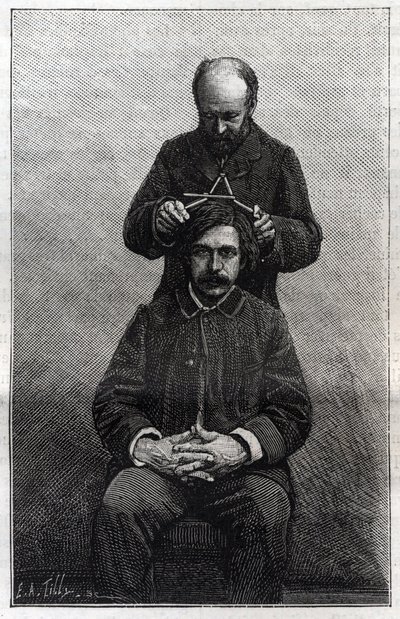 Měření maximální šířky hlavy policejní prefekturou podle metod Alphonse Bertillona (1853-1914) známé jako „Bertillonnage“. Gravírování do ""La Nature"" od Unknown artist