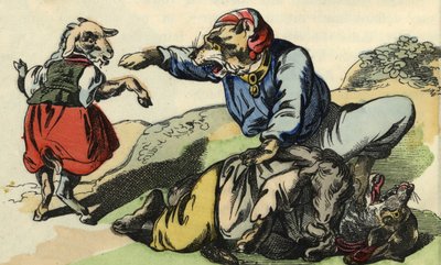 Medor zachrání Little Chef před vlkem. Ilustrace příběhu „Bon medor a malý Chevrette““. V „“ Pohádky z domova pro nejmenší““. Anonymní rytina 19. století. od Unknown artist