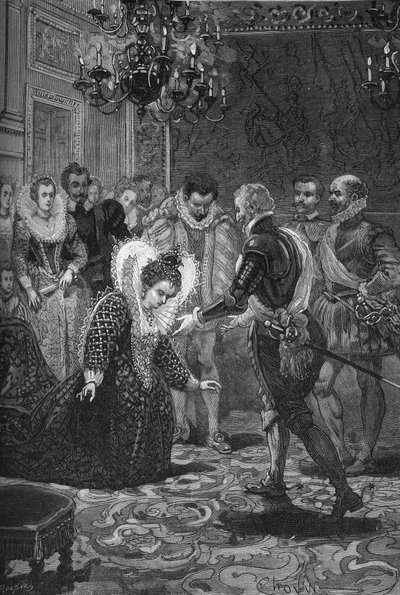 Setkání Maris de Medicis a Jindřicha IV. (1601): Marie Medicejská (1573-1642) se klaní svému manželovi, francouzskému králi Jindřichu IV. (1553-1610). Rytina 19. století. V „Histoire de France“ od Julese Micheleta od Unknown artist