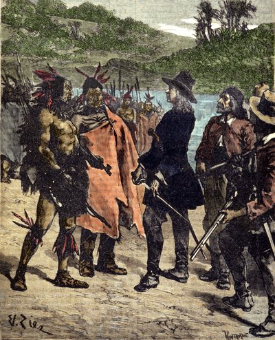 Setkání Roberta Caveliera de La Salle (1643-1687) s Indiány Ameriky. Rytina 19. století. od Unknown artist