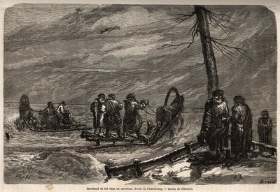 Obchodník se sanitkou má sněhovou křižovatku silnice do Petrohradu. Kresba Henrieta pro ilustraci jeho cesty do ruských pobaltských provincií v letech 1851-54. Rytina v „“Le tour du monde““, editoval Edouard Charton od Unknown artist