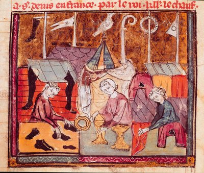 Obchodníci (švec, zlatník, obchodník s látkami) na veletrhu Lendit poblíž Saint Denis Miniature z „“Grandes Chronicles de France““ 1375-1379 Městská knihovna, Castres od Unknown artist