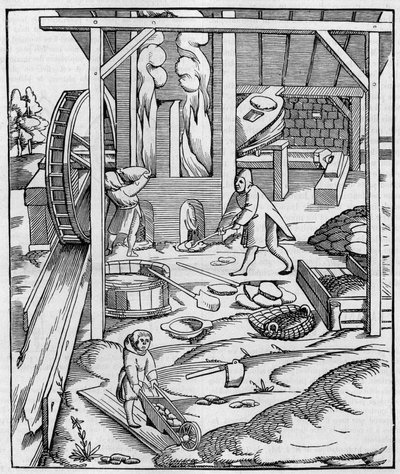 Dmychadlo kovové pece poháněné hydromotorem. Fac simile (Fac-simile) rytiny publikované v „“ Cosmographie““ (1555) od Sebastiena Munstera. Gravírování do „“ Příroda: přehled věd a jejich aplikací v umění a průmyslu „“ z 10 od Unknown artist