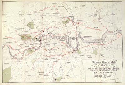 Mapa Metropolitan Board of Works Bazalgetteova plánu pro linii hlavních záchytných stok, zkonstruovaná pro vylepšené odvodnění metropole od Unknown artist