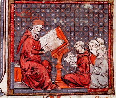 Středověk: „“ Třída filozofie, učitel a jeho studenti“““ Miniatura převzata z „“ Grandes Chronicles de France““ 1375-1379 Městská knihovna, Castres od Unknown artist