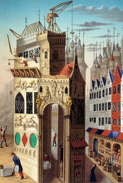 Středověk: pouliční scéna v 15. století. Obchodníci a dělníci na ulici, 20. století (ilustrace) od Unknown Artist