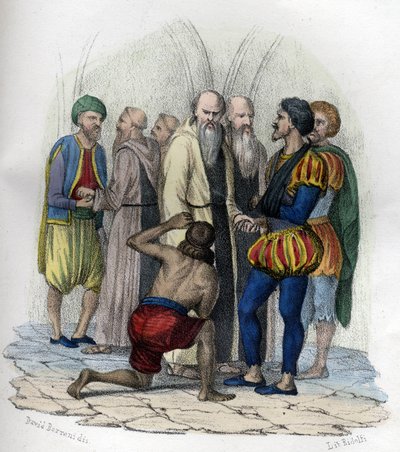 Miguel de Cervantes (1547-1616), španělský spisovatel, zajat v Alžíru v roce 1575. ve „Starověkém a moderním Alžírsku“ od Léona Galiberta. Italské vydání v barvě 1846. od Unknown artist