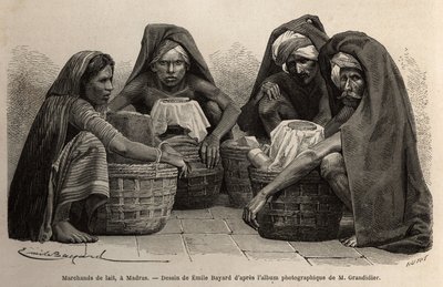 Obchodníci s mlékem v ulicích Madrasu (dnešní Chennai, Tamil Nadu). Rytina pro ilustraci plavby v poledníkových provinciích Indie od Alfreda Grandidiera v letech 1862-1864, publikovaná v „” le tour du monde””, pod vedením D