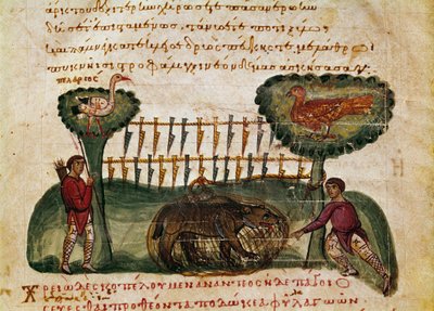 Miniaturní scéna lovu medvědů z lovu „“ The Cynegetics““ od Oppiana (Oppian nebo Oppianus) ze Sýrie (3. století našeho letopočtu) věnovaná Caracallovi. Benátky 11. století. Knihovna Marciana od Unknown artist