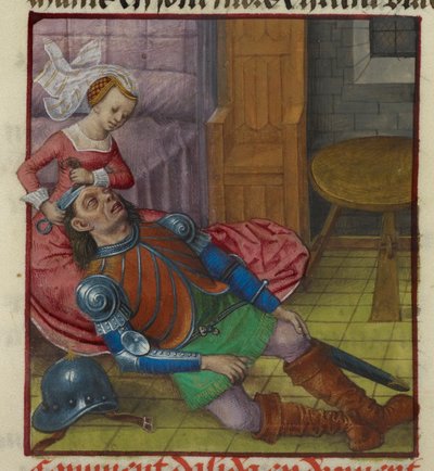 Miniatura Dalily stříhající Samsonovi vlasy z „Le Roman de la Rose“ od Unknown artist