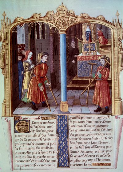 Miracle of Saint Louis (1214-1270): válečník chromého s bequilles. Miniatura ve filmu „Život a zázraky Saint Louis“ od Unknown artist