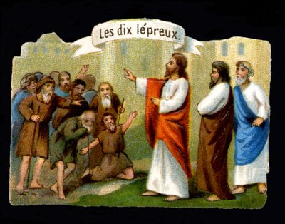 Ježíšovy zázraky. Kristus ženoucí malomocné. Chromolitografie 19. století. od Unknown artist
