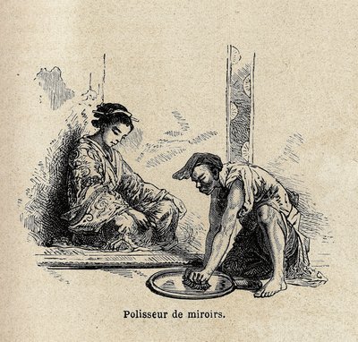 Leštička na zrcadla. Rytina k ilustraci plavby do Japonska v letech 1863-1864 od Aime Humberta, ministra Švýcarské konfederace, v „Le tour du monde, nouveau journal des voyages“, vydaném pod vedením Edouarda Chartona od Unknown artist