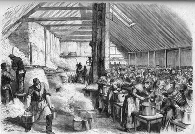 Misere in London: Veřejná distribuce potravin pro chudé v Londýně ve Spitalfields. Gravírování do „“The Illustrious Universe““ od Unknown artist