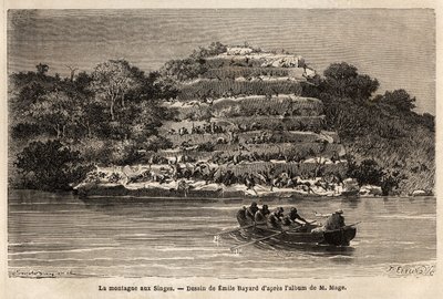 Opičí hora, podél řeky Senegal, krátce po vodopádech Gouina (Mali). Rytina k ilustraci příběhu o plavbě poručíka Mage v západním Súdánu v letech 1863 až 1866, publikovaná v „Le tour du monde, nouveau journal des voyages““ pod d od Unknown artist