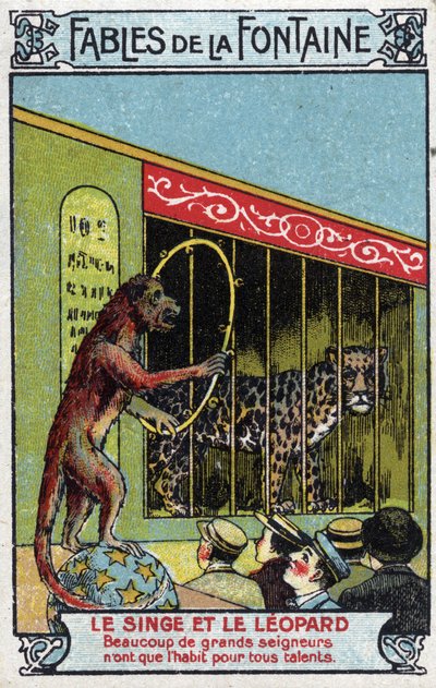 Opice a leopard - Bajky Jean de La Fontaine (1621-95) - Chromolitografie konce 19. století Soukromá sbírka od Unknown artist