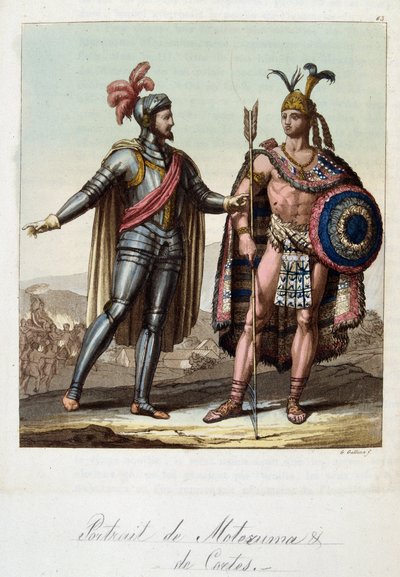 Montezuma II., aztécký král a Hernan (nebo Hernando) Cortes nebo Fernand Cortez (1485-1547), španělský dobyvatel - v „“Starém a moderním kostýmu““ od Ferrario, ed. Milán od Unknown artist