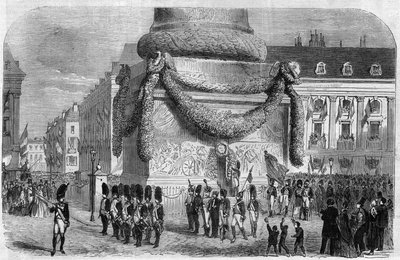 Ráno národní slavnosti 15. srpna 1864 u paty sloupu na náměstí Place Vendome v Paříži. Gravírování v „The Illustrious Universe“ od Unknown artist