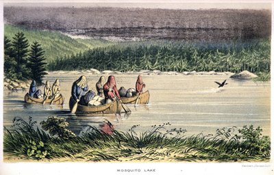 Jezero komárů v Kanadě: Indiáni kanoe přes jezero s moskytiérami na hlavě – v „Exploration of the Labrador Peninsula“ od Hind, Londýn od Unknown artist