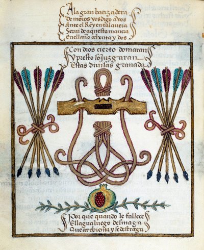Motto katolických králů. Znak katolických králů. Miniatura v „“Devotorio de la Reyna Da Juana, kterému říkali La Loca”” od Pedra Marcuella od Unknown artist