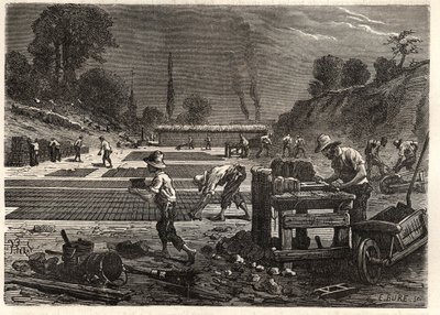 Moulage des Bricques - Lisování cihel - rytina v 