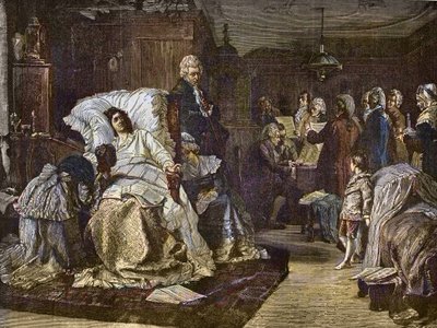 Mozartovy poslední dny po obraze Hermanna Kaulbacha (1846-1909) - Gli ultimi momenti di Mozart - Poslední den od Wolfganga Amadea Mozarta - rytina v proslulém týdeníku "”Populární hudba””” - 1882 od Unknown artist