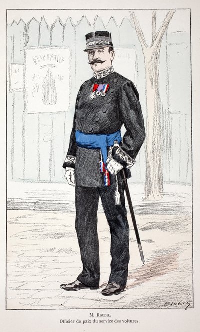 Pan Roudil, mírový referent autoservisu. Barevný lept, pro ilustraci Kniha „Historie sboru mírových jednotek“““ vydaná pod záštitou Louise Lepinea (1846-1933), prefekta policie na Seině, od Alfreda Reye (1864-?) a Lo od Unknown artist