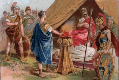 Mucius Scaevola před Porsennou (Mucius Scaevola před Porsennou). Caius Mucius Scaevola, mladý římský patricij zajatý královskou stráží Porsenny (Porsinna, Porsena) od Unknown artist