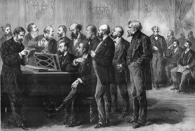Hudební soutěž města Paříže v roce 1878. Porota v Palais du Luxemburg zkoumala skóre „Pardis lost“ a „Mug“. Zleva doprava: Column, Perrin, Cherouvrier, Gounod, Boulanger, Camille Saint Saens (Saint-Saens), Lenepveu, vaucorbe od Unknown artist
