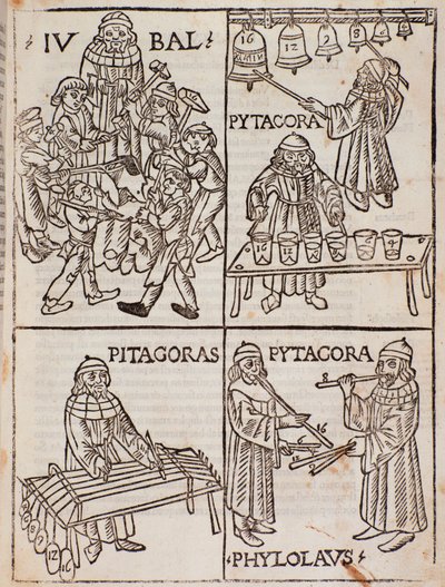 Pythagorovy hudební teorie. Stránka převzata z Teorie hudby od Franchina Gaffurio od Unknown artist