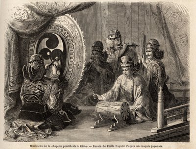 Hudebníci papežské kaple v Kjótu (nebo Kioto), hrající na pět posvátných nástrojů, flétnu traversieru a flétnu pánvovou, námořní lasturu, tympány a kakdaiko, původní gong. Rytina pro ilustraci plavby do Japonska v letech 1863-1864, od Aime Humbert, m. od Unknown artist
