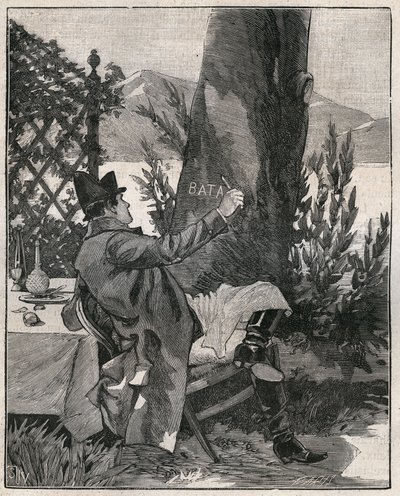 Napoleon Bonaparte (1769-1821) napsal slovo „Battaglia“ na kmen vavřínu na ostrově Isola Bella u jezera Maggiore (Lago Maggiore), tři dny před bitvou u Marenga v roce 1800. Rytina z roku 1885 v „“ Les arts et metiers illustres“ od Unknown artist