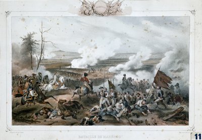 Napoleon Bonaparte v bitvě u Marenga, v níž francouzská armáda porazila rakouská vojska (barevný tisk) od Unknown Artist