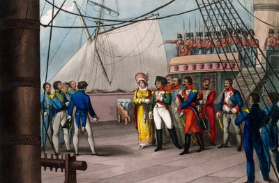Napoleon se svěřuje britské víře - Napoleon Bonaparte na palubě britské lodi Bellerophon, která ho 15. července 1815 zavedla do vyhnanství v St. Helene (St. Helene) - Napoleon Veliký se vzdal štědrosti britského národa; na kance od Unknown artist