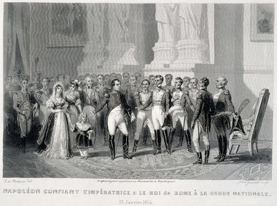 Napoleon svěřuje Impress a jejího syna, římského krále, Národní gardě (23. ledna 1814) - ve „Fasttes de Gardes nationales de France““ od Unknown artist