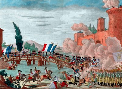 Napoleon vedl svou armádu přes most v Lodi - Napoleon během bitvy a průjezdu mostu v Lodi v roce 1796 - Průchod mostu v Lodi v Itálii republikánsko-francouzskou armádou pověřený vrchním generálem Napoleonem Bonapartem - od Unknown artist