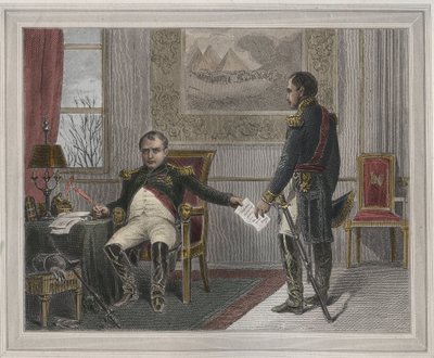 Napoleon podepisuje svou abdikaci 1814 - Napoleon Bonaparte (1769-1821) ve Fontainebleau během své první abdikace, podepsán v dubnu 1814 Rytina v „Les Fastes Populaires, ou Histoire des actes heroiques du peuple et de son influence sur les sciences, le od Unknown artist