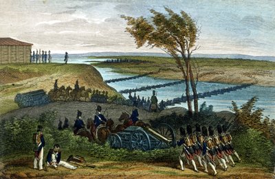 Napoleonská válka: Ruské tažení. Průchod řeky Niemen (Dnjemen) dne 24. 6. 1812, která odděluje obě říše. Rytina 19. století. od Unknown artist