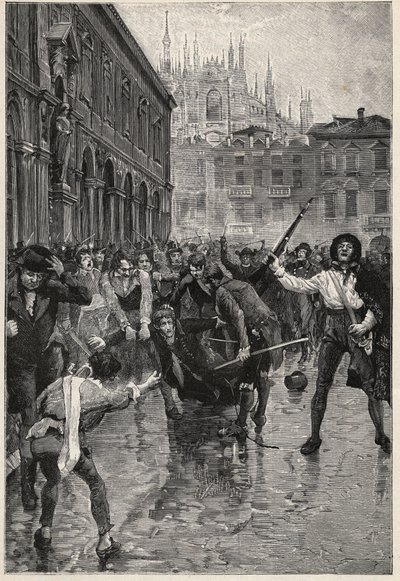 Napoleonova abdikace podporuje nepokoje v Miláně a Giuseppe Prina, neoblíbený ministr financí, je vláčen ulicemi a nakonec zabit davem na náměstí Piazza San Fedele v Miláně, 20. dubna od Unknown artist