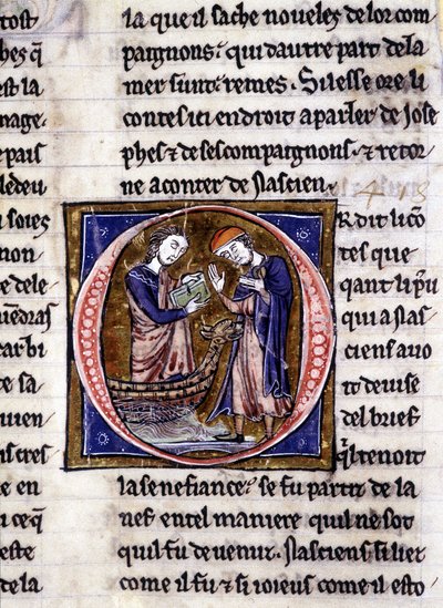 Nascion obdrží knihu (?). Rukopis: Dobytí Saint Gréal, napsaný 717 let po umučení našeho pána. Bibliotheque Municipale de Rennes, ms. 255 (Sbírka románů Kulatého stolu); Paříž od Unknown artist