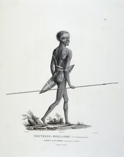 Domorodý North-Gal-Derri z Nového Jižního Walesu z Nového Holandska postupuje do boje – v “”Cesta objevů do jižních zemí”” od pánů Lesueura a Peera od Unknown artist