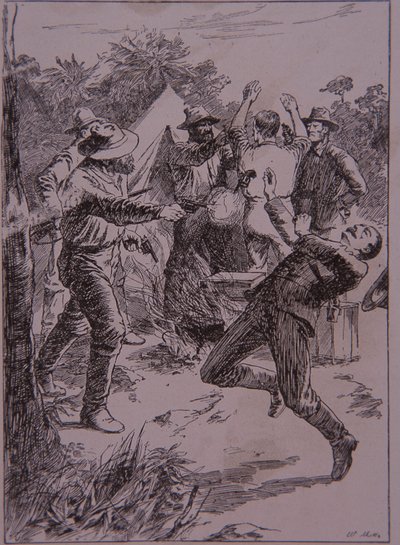 Ned Kelly zabije policejního konstábla Lonigana v Stringybark Creek v roce 1878 (rytina) od Unknown artist