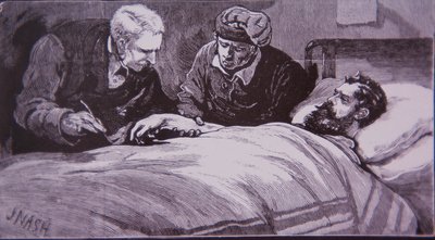 Ned Kelly leží zraněný ve vězeňské nemocnici v Melbourne poté, co byl 28. června 1880 zajat policií (rytina) od Unknown artist