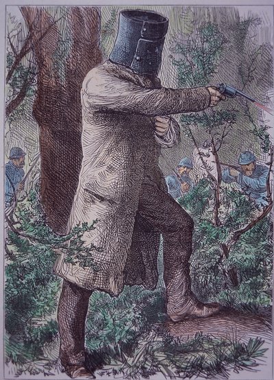 Ned Kelly ve své charakteristické zbroji, v konečné konfrontaci s policií, 28. června 1880 (barevná rytina) od Unknown artist