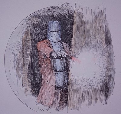 Ned Kelly v podomácku vyrobeném brnění v konfrontaci s policií (ručně kolorovaná rytina) od Unknown artist