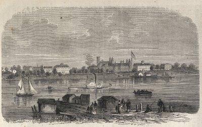 Stát New York – zřízení emigrační komise – Ward Island – rytina v „The Illustrous Universe“ z roku 1869 od Unknown artist