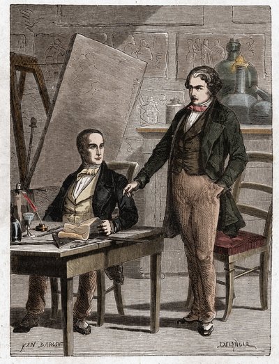 Niepce čte Louisi Daguerrovi lpopis heliografie, pro fixaci obrázků z camery obscury - Nicephore Niepce (1765-1833), francouzský vynálezce, průkopník fotografie čte Daguerrovi popis své metody pro fixaci i od Unknown artist