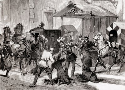 Nihilismus v Rusku - Pokus o atentát na pobočníka z tábora, generála Loris Melikoffa (Loris-Melikoff), za dveřmi jeho hotelu ve Velké Moskaji v roce 1880 - Ruské nihilistické hnutí v 19. století: pokus o atentát na hraběte L. od Unknown artist