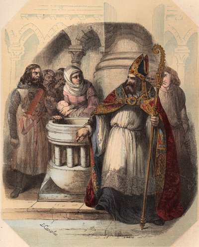 Notger (930-1008) (Notker z Lutychu), předvečer Lutychu, během křtu Ottona III. (980-1002), krále Německa. Rytina z roku 1868 v „Histoire de Belgique od primitivních dob do konce vlády Leopolda I.““ od Theodora Justeho (1818-1888). Priva od Unknown artist